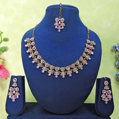 Gold Rodium Polish Purple and Violet color Necklace in Metal Alloy studded with CZ Diamond