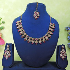 Gold Rodium Polish Pink and Majenta color Necklace in Metal Alloy studded with CZ Diamond