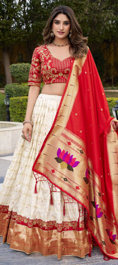 White and Off White color Lehenga in Silk fabric with Embroidered, Lace, Sequence, Thread, Weaving, Zari work