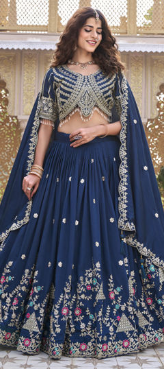 Blue color Ready to Wear Lehenga in Silk fabric with Embroidered, Lace, Sequence, Thread work