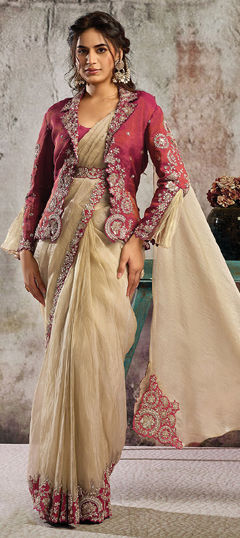 Gold, Red and Maroon color Readymade Saree in Organza Silk, Satin Silk fabric with Embroidered, Sequence, Thread work