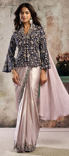 Purple and Violet, White and Off White color Readymade Saree in Satin Silk fabric with Embroidered, Sequence, Thread work