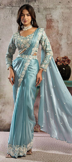 Blue color Readymade Saree in Satin Silk fabric with Embroidered, Sequence, Thread work