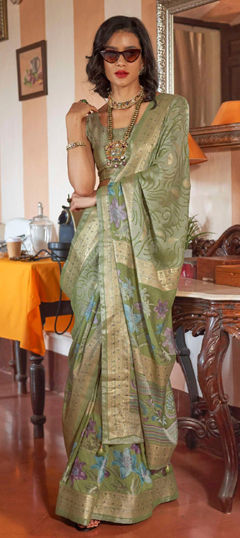 Green color Saree in Georgette fabric with Printed, Weaving work