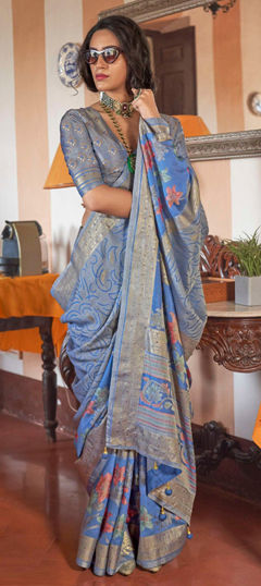 Blue color Saree in Georgette fabric with Printed, Weaving work