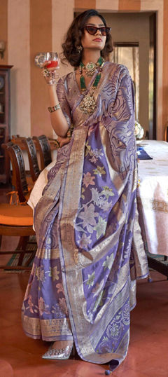 Purple and Violet color Saree in Georgette fabric with Printed, Weaving work