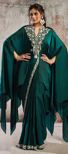 Green color Readymade Saree in Satin fabric with Embroidered, Sequence, Thread work