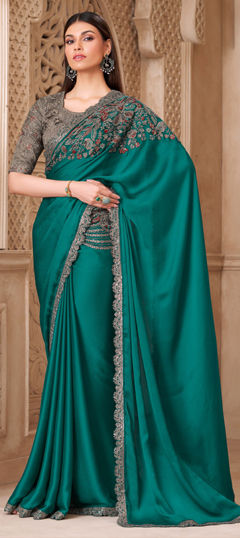 Blue color Saree in Satin Silk fabric with Embroidered, Sequence, Thread, Zari work