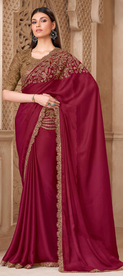 Pink and Majenta color Saree in Satin Silk fabric with Embroidered, Sequence, Thread, Zari work