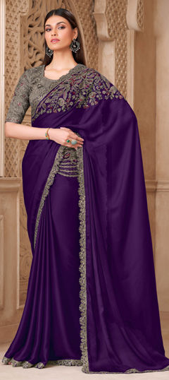 Purple and Violet color Saree in Satin Silk fabric with Embroidered, Sequence, Thread, Zari work