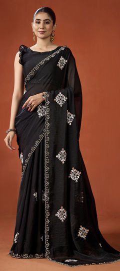 Black and Grey color Saree in Shimmer fabric with Bugle Beads, Cut Dana work