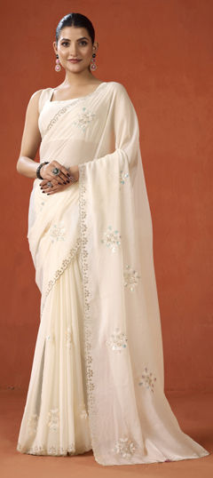 White and Off White color Saree in Shimmer fabric with Bugle Beads, Cut Dana work