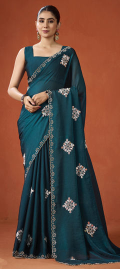 Blue color Saree in Shimmer fabric with Bugle Beads, Cut Dana work