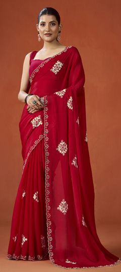 Red and Maroon color Saree in Shimmer fabric with Bugle Beads, Cut Dana work