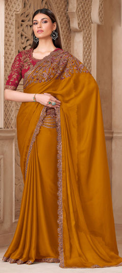 Yellow color Saree in Satin Silk fabric with Embroidered, Sequence, Thread, Zari work