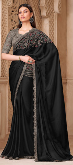 Black and Grey color Saree in Satin Silk fabric with Embroidered, Sequence, Thread, Zari work
