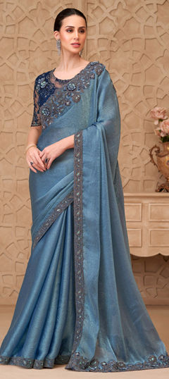 Black and Grey color Saree in Crushed Silk fabric with Embroidered, Sequence, Thread work