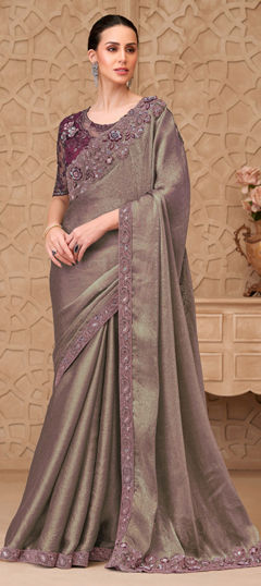 Beige and Brown color Saree in Crushed Silk fabric with Embroidered, Sequence, Thread work