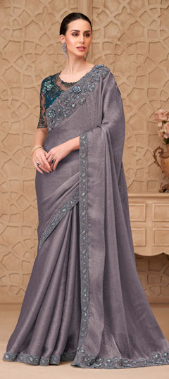 Purple and Violet color Saree in Crushed Silk fabric with Embroidered, Sequence, Thread work