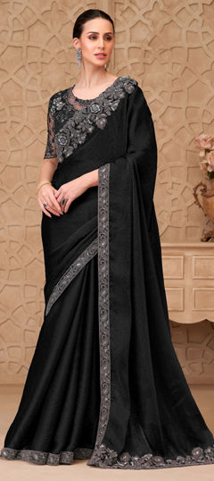 Black and Grey color Saree in Crushed Silk fabric with Embroidered, Sequence, Thread work