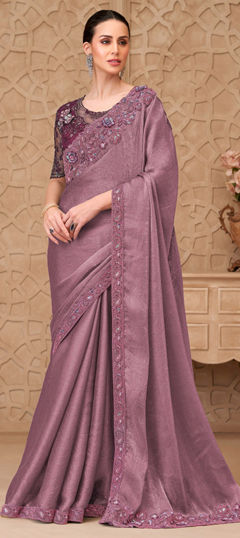Pink and Majenta color Saree in Crushed Silk fabric with Embroidered, Sequence, Thread work