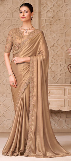 Beige and Brown color Saree in Shimmer fabric with Border, Embroidered, Sequence, Thread, Zari work