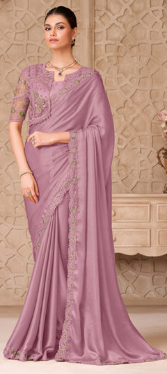 Pink and Majenta color Saree in Shimmer fabric with Border, Embroidered, Sequence, Thread, Zari work