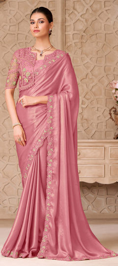 Pink and Majenta color Saree in Shimmer fabric with Border, Embroidered, Sequence, Thread, Zari work
