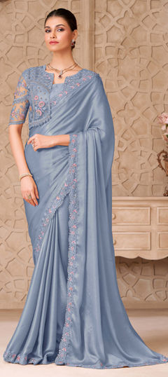 Black and Grey color Saree in Shimmer fabric with Border, Embroidered, Sequence, Thread, Zari work