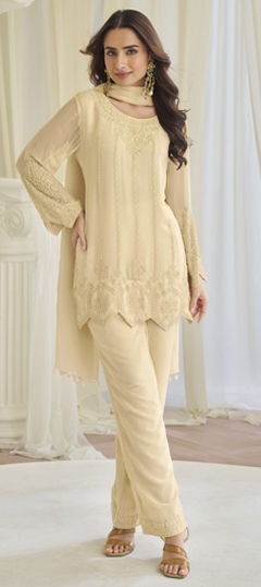 Beige and Brown color Salwar Kameez in Chinon Silk fabric with Bugle Beads, Embroidered work