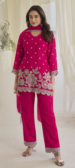 Pink and Majenta color Salwar Kameez in Chinon Silk fabric with Bugle Beads, Embroidered work