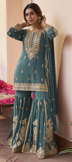 Blue color Salwar Kameez in Chinon Silk fabric with Embroidered, Sequence, Thread, Zari work