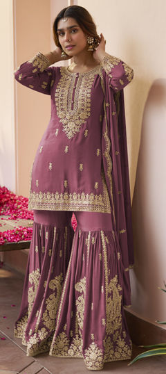 Pink and Majenta color Salwar Kameez in Chinon Silk fabric with Embroidered, Sequence, Thread, Zari work