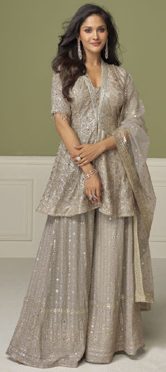 Black and Grey color Salwar Kameez in Georgette fabric with Embroidered, Sequence, Thread work