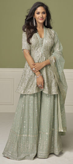 Green color Salwar Kameez in Georgette fabric with Embroidered, Sequence, Thread work