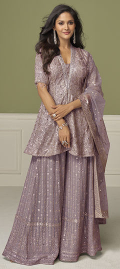 Purple and Violet color Salwar Kameez in Georgette fabric with Embroidered, Sequence, Thread work