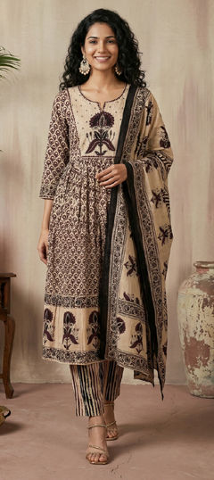 Beige and Brown, Pink and Majenta color Salwar Kameez in Cotton fabric with Appliques, Bugle Beads, Printed, Sequence work