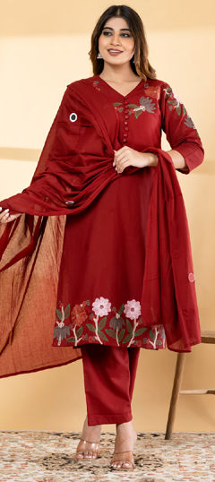 Red and Maroon color Salwar Kameez in Cotton fabric with Embroidered, Resham, Thread work