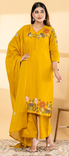 Yellow color Salwar Kameez in Cotton fabric with Embroidered, Resham, Thread work