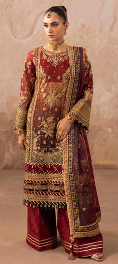 Red and Maroon color Salwar Kameez in Chiffon fabric with Embroidered, Moti, Sequence, Stone work