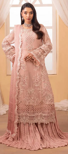 Pink and Majenta color Salwar Kameez in Chiffon fabric with Embroidered, Moti, Sequence, Stone work
