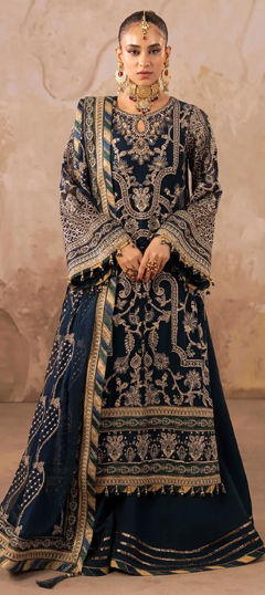 Blue color Salwar Kameez in Chiffon fabric with Embroidered, Moti, Sequence, Stone work