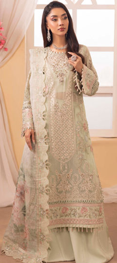 Green color Salwar Kameez in Chiffon fabric with Embroidered, Moti, Sequence, Stone work