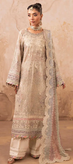 Beige and Brown color Salwar Kameez in Chiffon fabric with Embroidered, Moti, Sequence, Stone work