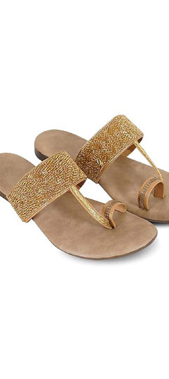 Beige and Brown color Women Shoes in Faux Leather fabric with Bugle Beads work