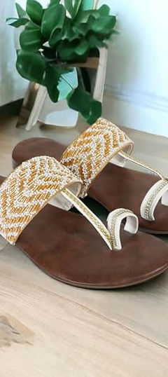 Beige and Brown color Women Shoes in Faux Leather fabric with Bugle Beads work