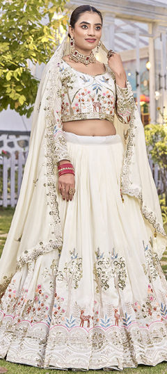 White and Off White color Ready to Wear Lehenga in Silk fabric with Embroidered, Resham, Sequence, Thread work