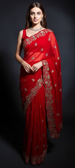 Red and Maroon color Saree in Satin Silk fabric with Embroidered, Sequence, Thread work