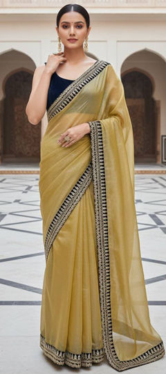 Yellow color Saree in Net fabric with Border, Embroidered work