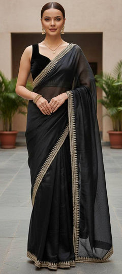 Black and Grey color Saree in Net fabric with Border, Embroidered work